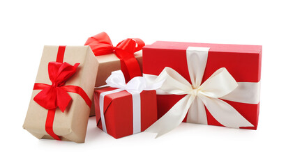 Beautiful gift boxes with bows isolated on white