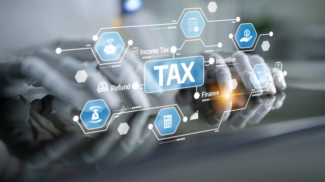 Visual concept of tax management featuring digital icons for income tax, incentives, refunds, and finance strategies, highlighting the importance of effective financial planning. Tessel