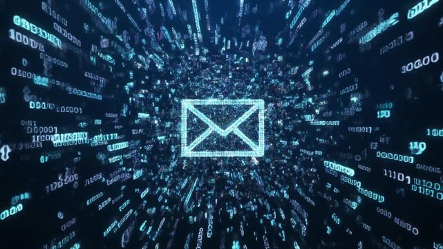 Digital Email Icon with Binary Data Transfer in Cyberspace Network