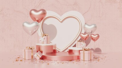 Romantic heart shaped display with gifts and balloons