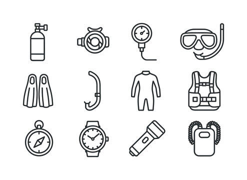Diving Gear Icons. Diving Equipment. Line icon set of Diving Equ