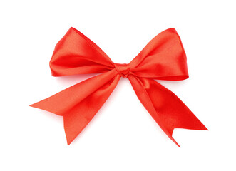 Beautiful bow made with red ribbon isolated on white, top view