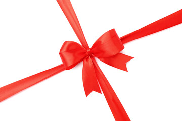 Beautiful red ribbons with bow isolated on white, top view