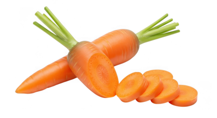 Fresh organic carrots with green tops and sliced pieces isolated on transparent background