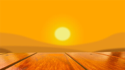 An illustration of a wooden table against a blurred sunset.