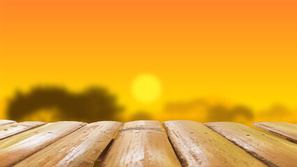 An illustration of a wooden table against a blurred sunset.