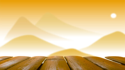 A wooden table with a blurred background of mountains and fog in winter.