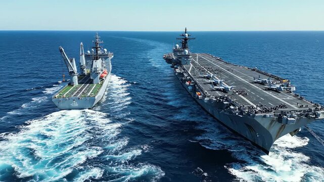 Naval ships sail together on ocean