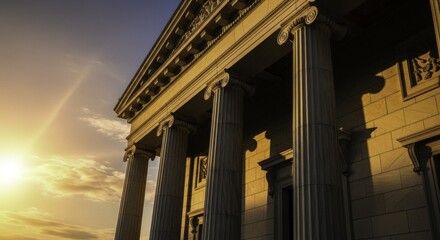 Majestic Classical Building with Ionic Columns Bathed in Golden Sunset Light