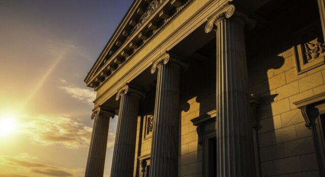 Majestic Classical Building with Ionic Columns Bathed in Golden Sunset Light