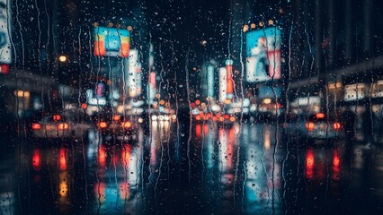 Rainy city street at night with blurred lights and reflections on wet pavement in urban environment