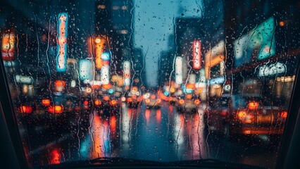 Blurry city street at night with raindrops on the windshield and colorful lights reflecting off wet pavement
