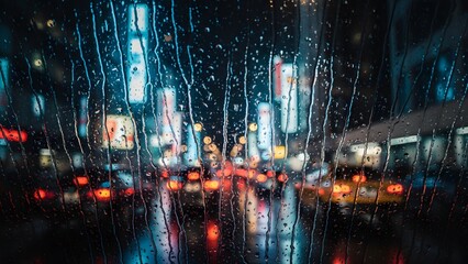 Blurry city street at night with rain falling on windowpane with lights reflecting on wet road surface