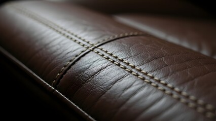 Closeup of brown leather couch with stitching details on surface