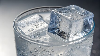 Closeup of a glass filled with ice cubes and water droplets on a dark background