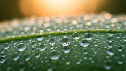 Water droplets on a green leaf with a blurred sunny background in nature