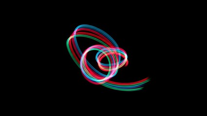 Multicolored neon light trails forming swirling patterns on a dark background with vibrant curves and lines