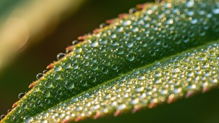 Closeup of a green leaf with water droplets on its surface in a natural setting with blurred background