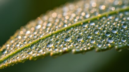 A closeup view of a green leaf covered in dew drops on a blurred background