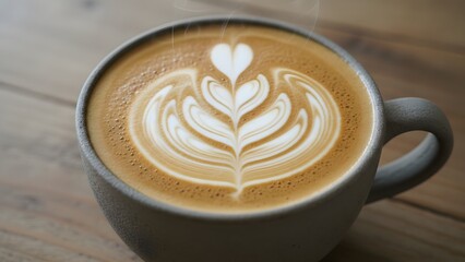 A closeup shot of a mug of latte coffee with a leaf design on top sitting on a wooden table
