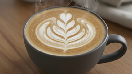 A steaming cup of coffee with a leaf design on top sitting on a wooden table