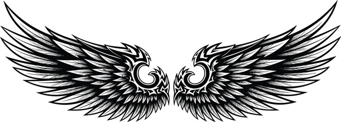 Stylized tribal wings illustration, majestic angel feather design in striking blue and black colors, mythical emblem for fantasy, tattoo art, graphic novel covers,  © Sawda's World