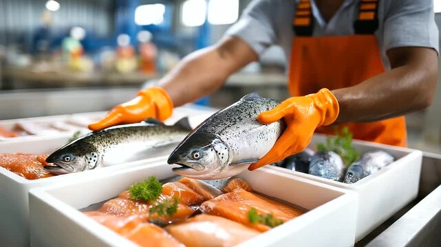 Faceless worker in orange gloves sorting fresh fish into white insulated containers for commercial shipping, professional seafood processing and distribution in industrial fishery