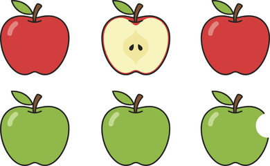 Illustrative collection showing a variety of red and green apples, featuring whole fruit, a cross-section revealing seeds, and a partially eaten apple to represent consumption and health.