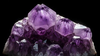 Amethyst crystal cluster with purple gemstones on black background