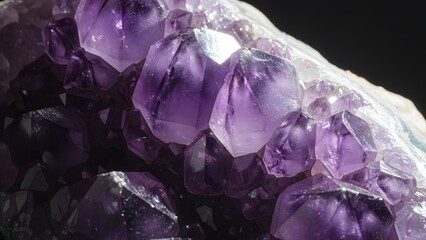 Closeup of a cluster of purple amethyst crystals on a dark background