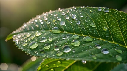 A closeup view of a green leaf covered with dew drops on a blurred natural background