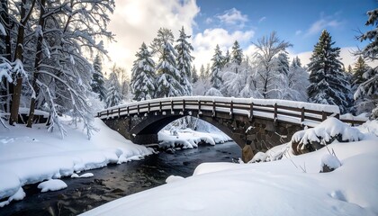 Snowy winter landscape with bridge