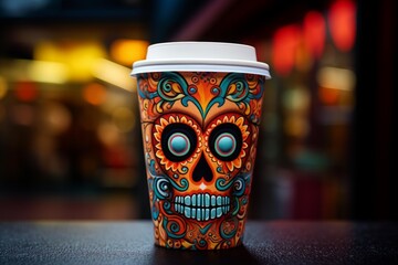 Disposable coffee cup featuring vibrant sugar skull design sits on table in cafe, celebrating day of the dead traditions