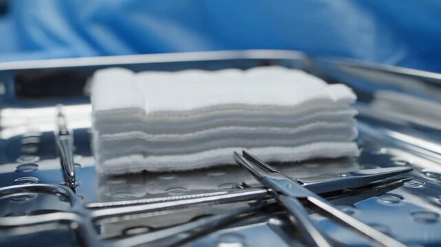 Surgical instruments and sterile gauze pads on a tray in a healthcare setting, ready for medical