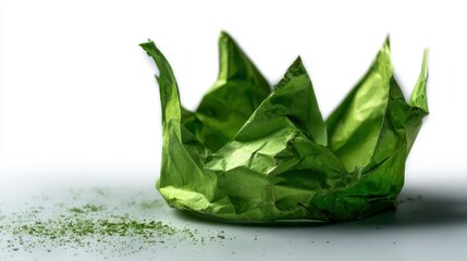 An artistic representation of a crumpled green paper crown set against a white backdrop, emphasizing creativity and the playful nature of conceptual art.