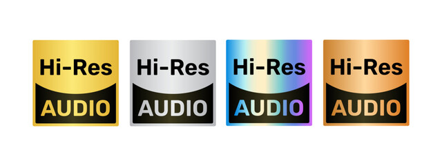 Hi-Res Audio Logo, Vector Graphic Set with Gold, Silver, Holographic, and Bronze Metallic Finishes