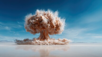 A dramatic depiction of a massive explosion fills the desert landscape with dust and debris, symbolizing destruction, power, and the raw force of nature in an abstract way.