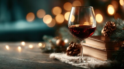 An elegantly presented glass of red wine rests beside rustic pinecones and books, creating a cozy yet sophisticated ambiance perfect for a tranquil evening setting.