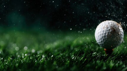 A golf ball is captured mid-launch as it explodes from the tee under dramatic lighting, conveying energy and motion in a dynamic and exhilarating sporting moment.