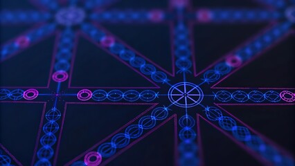 Abstract digital network with glowing with interconnected nodes and geometric lines, for data connections, technology AI, blockchain, cybersecurity, data science, and digital communication.