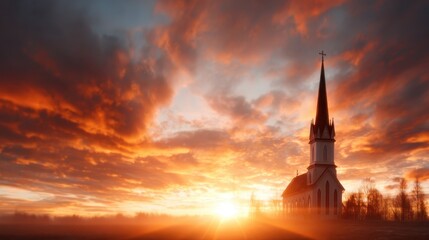 Obraz premium A breathtaking view of a historic church silhouetted against a dramatic sunset, casting beautiful colors in the sky and evoking a sense of peace and spirituality.