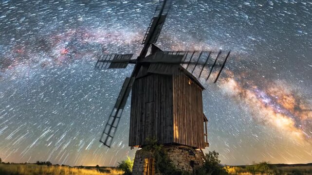 Rural windmill standing on a small hill, illuminated under a starry night sky with the bright arch of the milky way galaxy stretching across the horizon in dark landscape