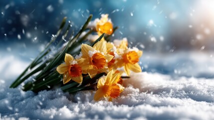 A beautiful arrangement of bright yellow daffodils covered in light snow, contrasting vividly against a softly blurred winter backdrop that evokes feelings of resilience and hope.