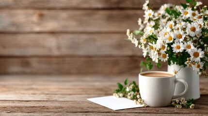 A cozy scene featuring a beautiful coffee cup beside a fresh flower arrangement, evoking a sense of warmth and tranquility. Perfect for capturing the essence of relaxation.