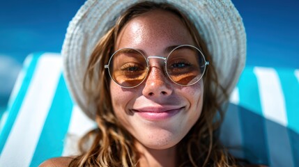 A joyful young woman smiles brightly while wearing round sunglasses and a sun hat, relaxing on a striped lounger, showcasing a carefree vibe perfect for summer days by the pool.