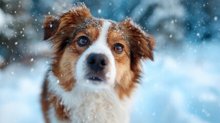 A close-up portrait of an adorable dog amidst a snowy landscape, capturing its expressions and the serene beauty of winter with soft falling snowflakes in the background.