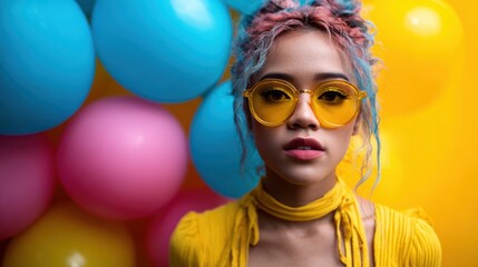 A vibrant portrait of a young woman wearing yellow sunglasses in front of colorful balloons, showcasing a lively and cheerful atmosphere that embodies fun and creativity.