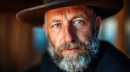 A striking portrait of a mature man with a distinguished beard and piercing blue eyes, conveying wisdom and life experience in a serene environment that invites introspection.