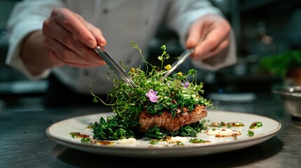 A beautifully plated gourmet fish dish topped with fresh greens and herbs, showcasing culinary artistry and attention to detail in a professional kitchen environment.