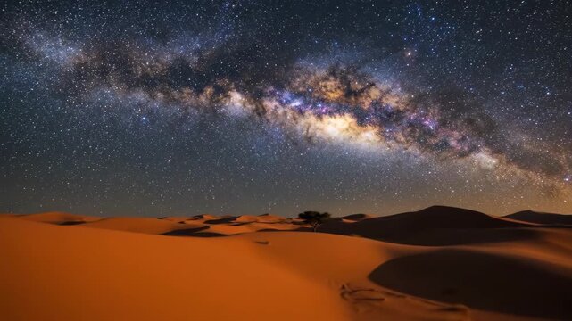 Desert dunes stretching under a dark night sky revealing the vibrant core of the milky way galaxy, with a solitary tree creating a sense of isolation and vastness in the remote wilderness